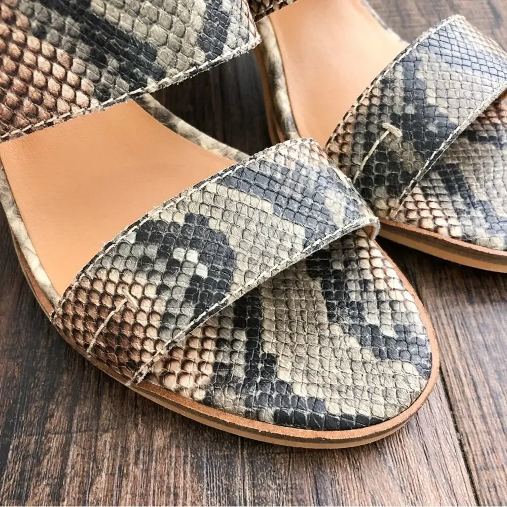 Frye & Co Ankle Strap Leather Sandal Block Heel Snakeskin Size 8.5 Gray Brown